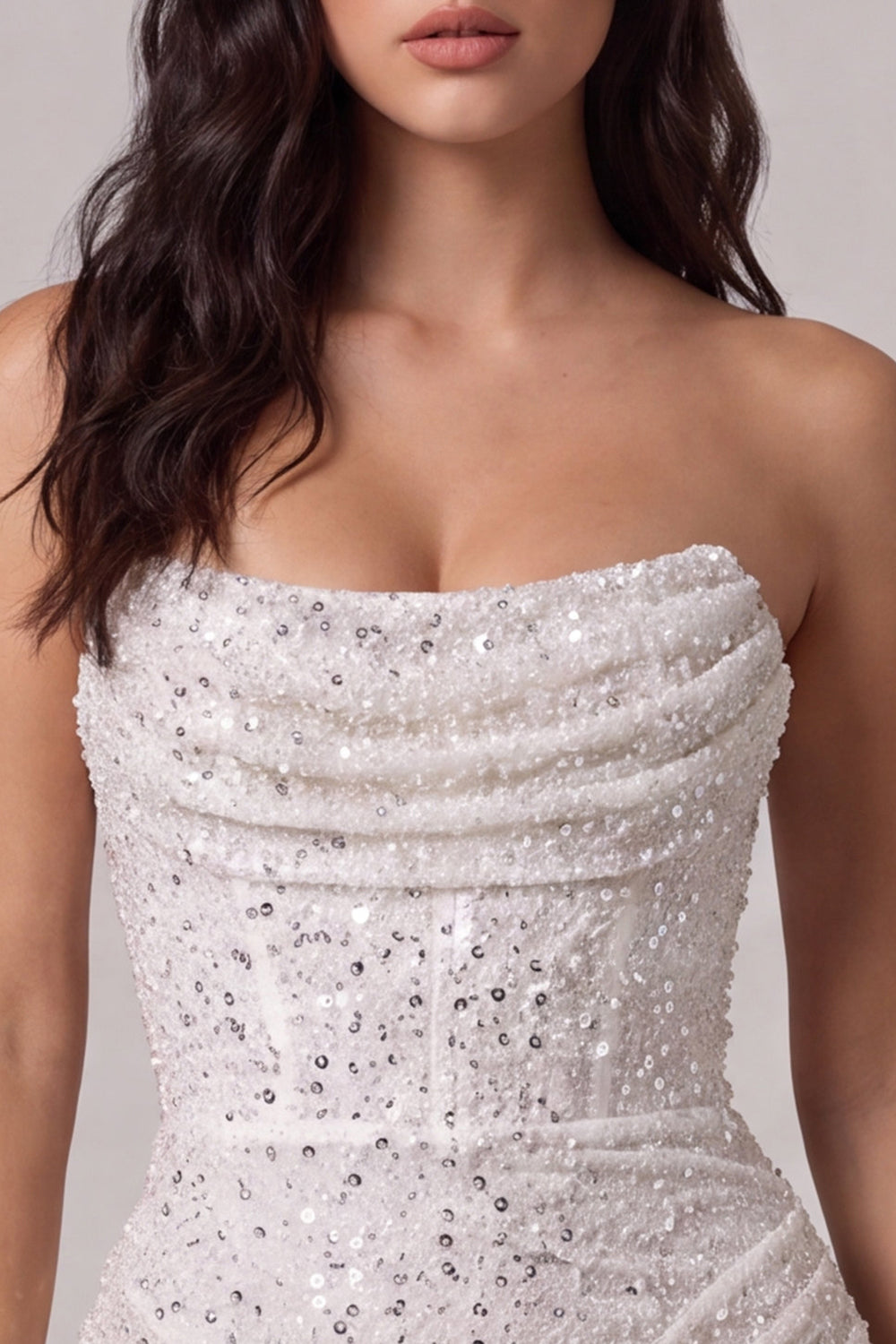 Sparkly Ivory Sequin Corset Tight Strapless Ruched Short Cocktail Dress