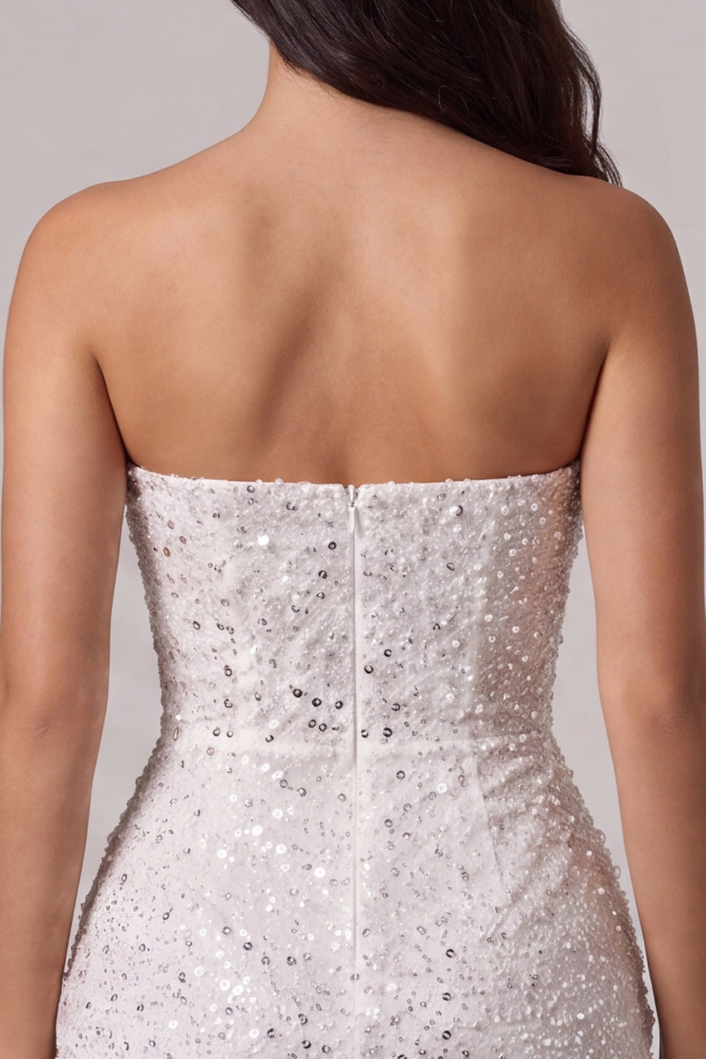 Sparkly Ivory Sequin Corset Tight Strapless Ruched Short Cocktail Dress