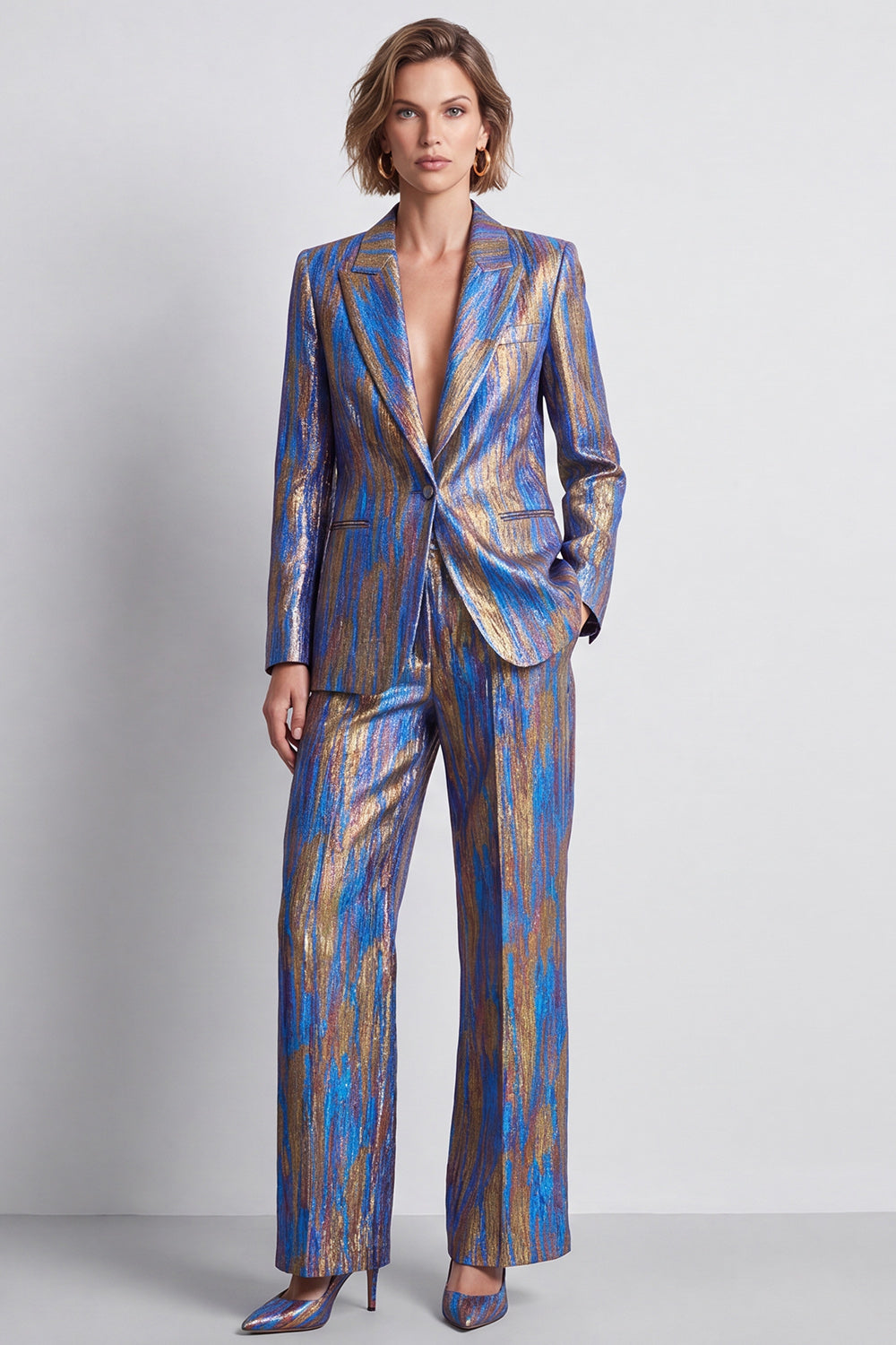 2 Piece Blue Printed Metallic Peak Lapel Work Suits