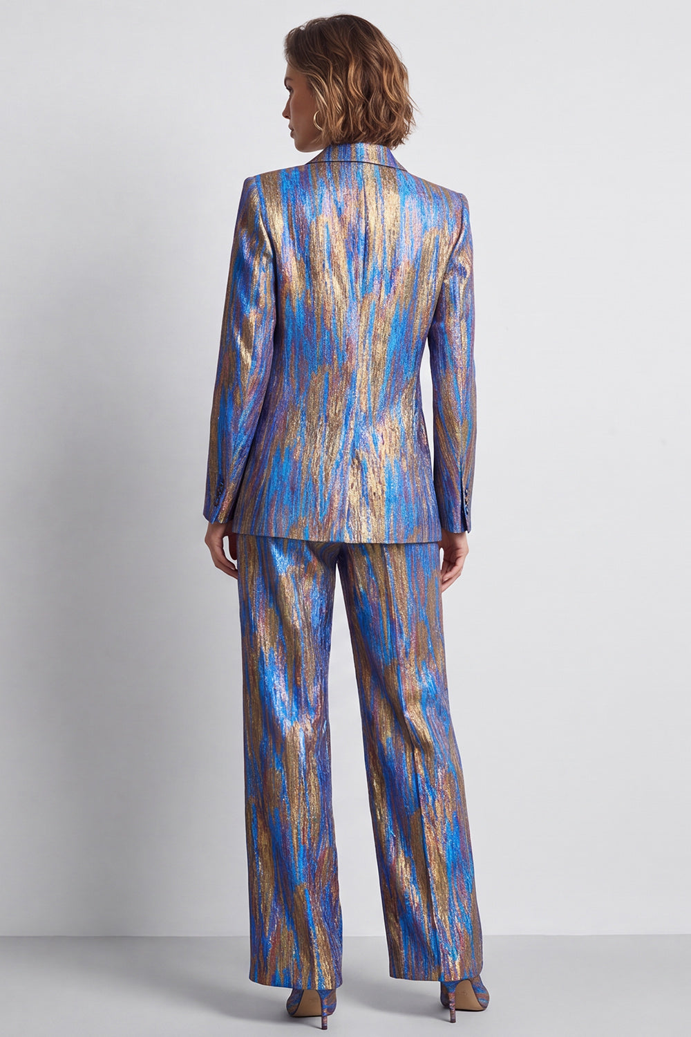 2 Piece Blue Printed Metallic Peak Lapel Work Suits