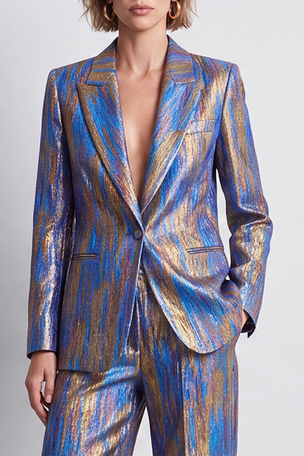 2 Piece Blue Printed Metallic Peak Lapel Work Suits
