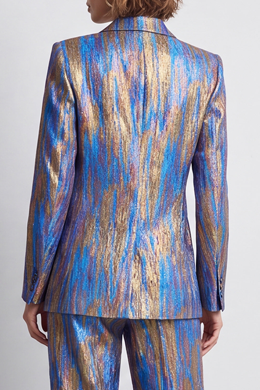 2 Piece Blue Printed Metallic Peak Lapel Work Suits