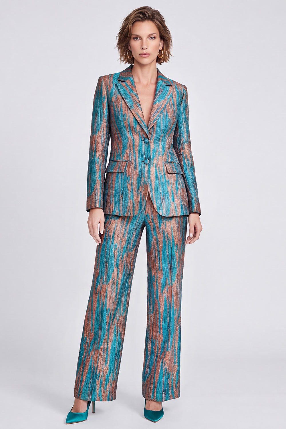 2 Piece Blue Printed Metallic Peak Lapel Work Suits