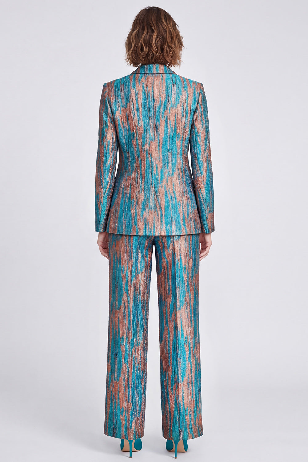 2 Piece Blue Printed Metallic Peak Lapel Work Suits