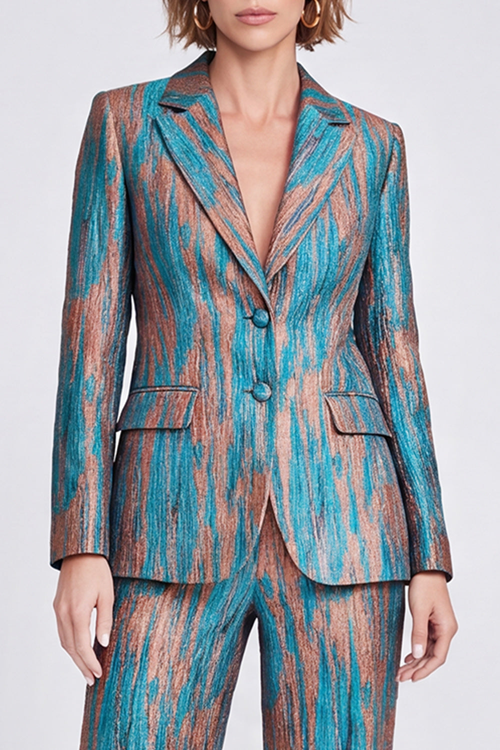 2 Piece Blue Printed Metallic Peak Lapel Work Suits