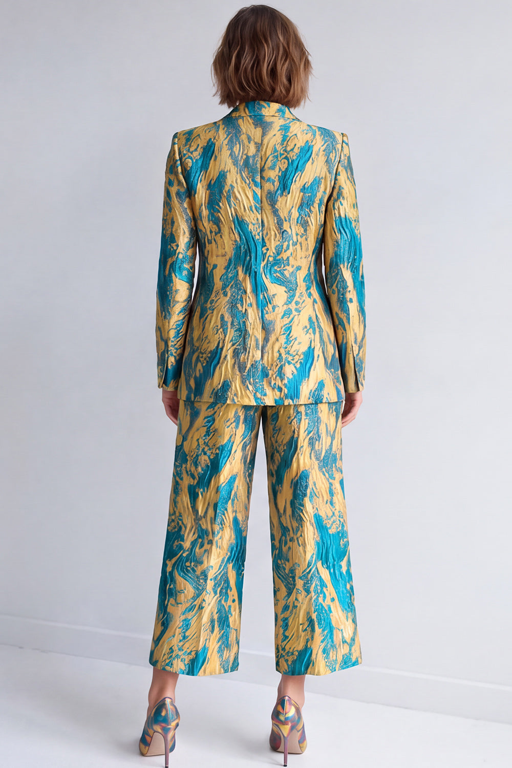 2 Piece Yellow and Blue Peak Lapel Printed Work Suits