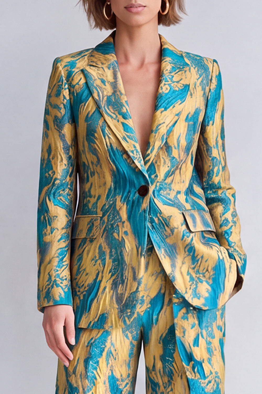2 Piece Yellow and Blue Peak Lapel Printed Work Suits