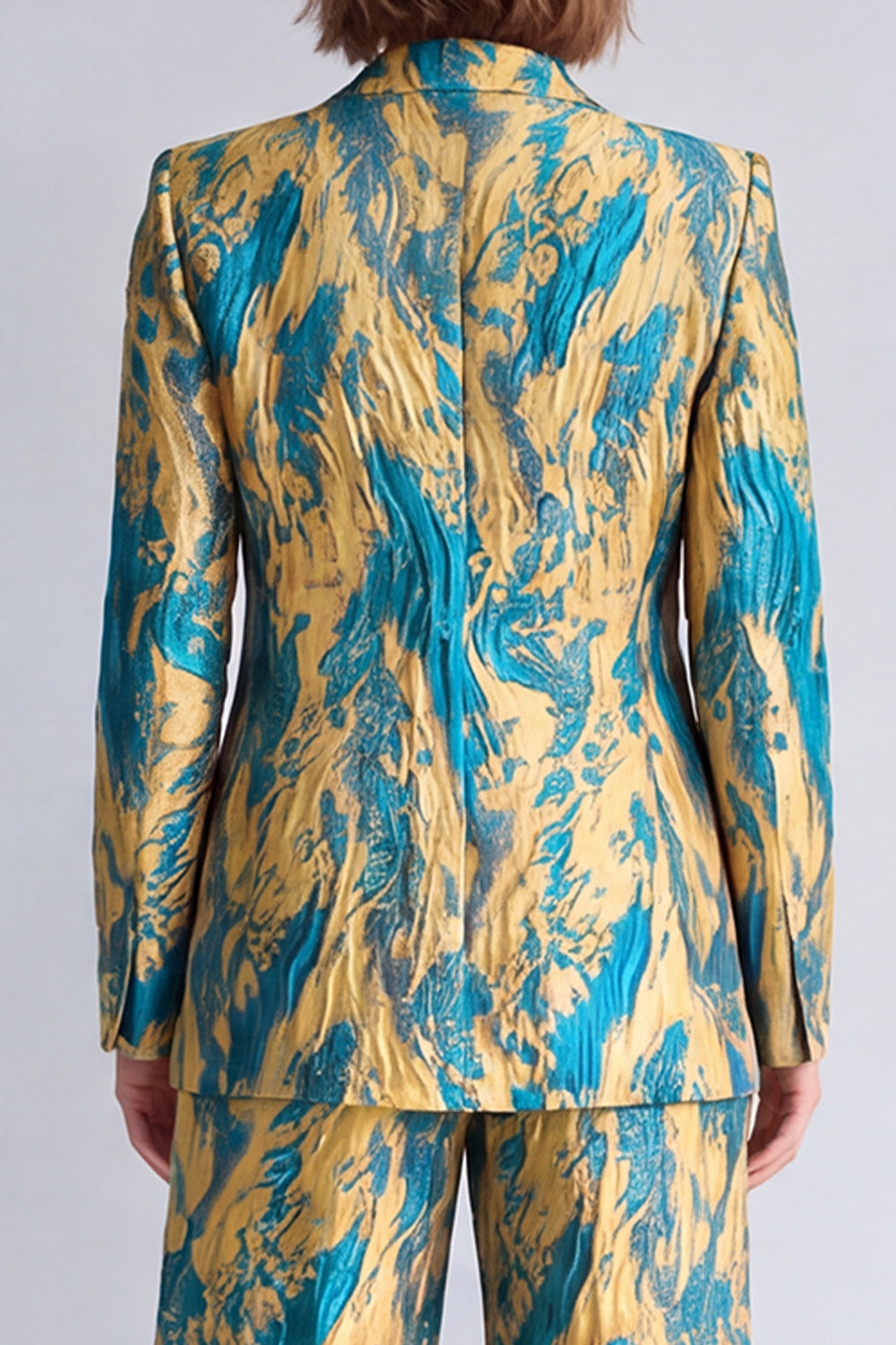 2 Piece Yellow and Blue Peak Lapel Printed Work Suits
