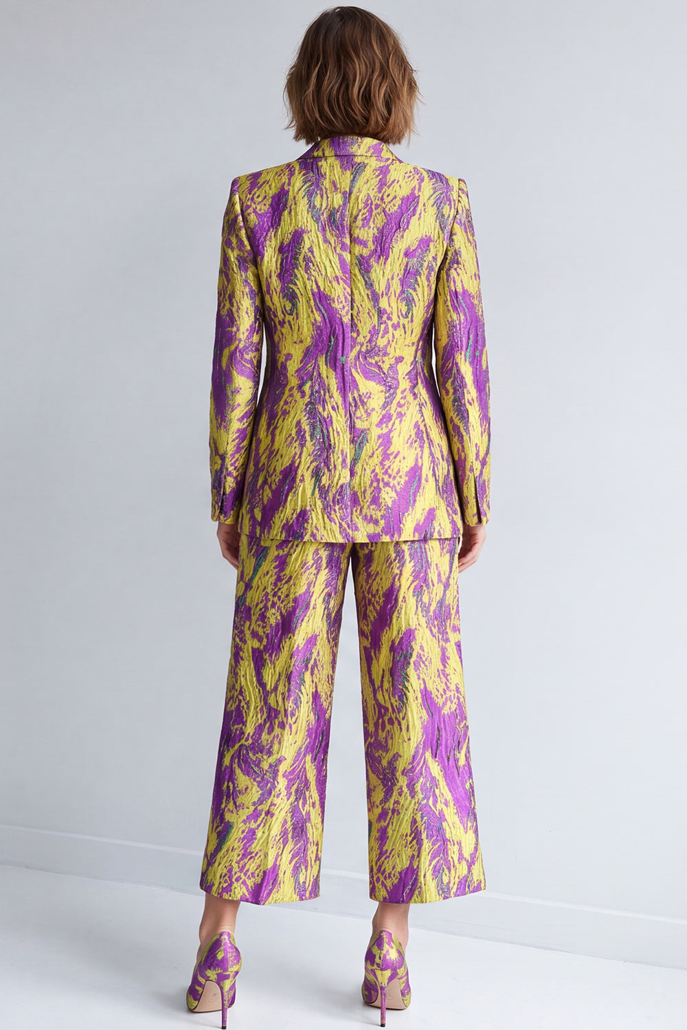 2 Piece Yellow and Blue Peak Lapel Printed Work Suits