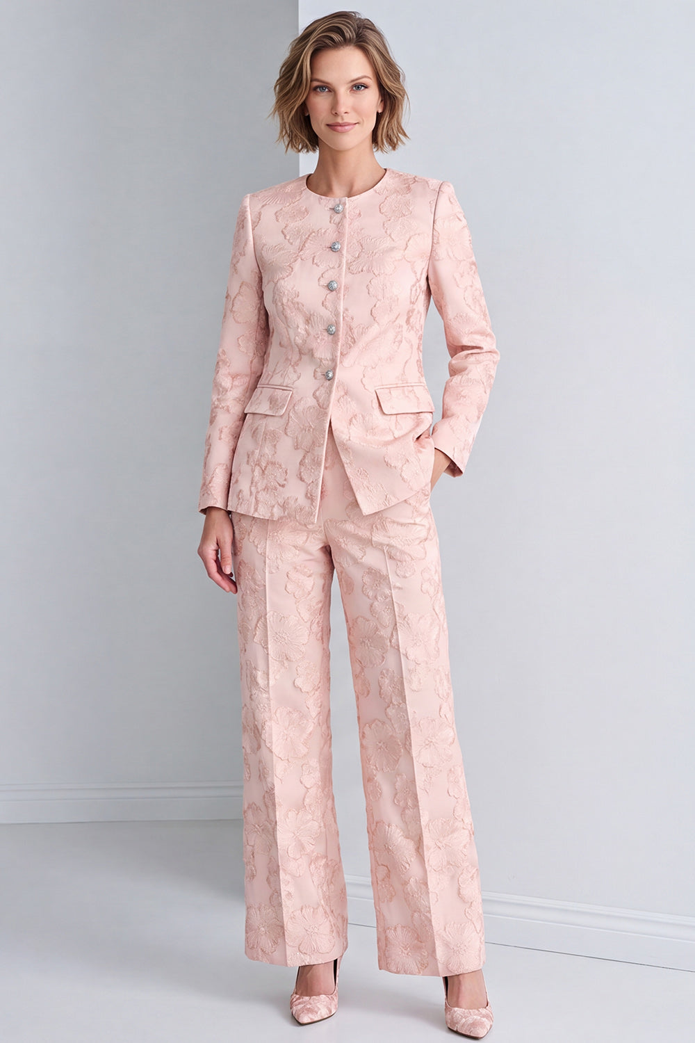 Floral 2 Piece Pink Jacquard Round Neck Prom Suits