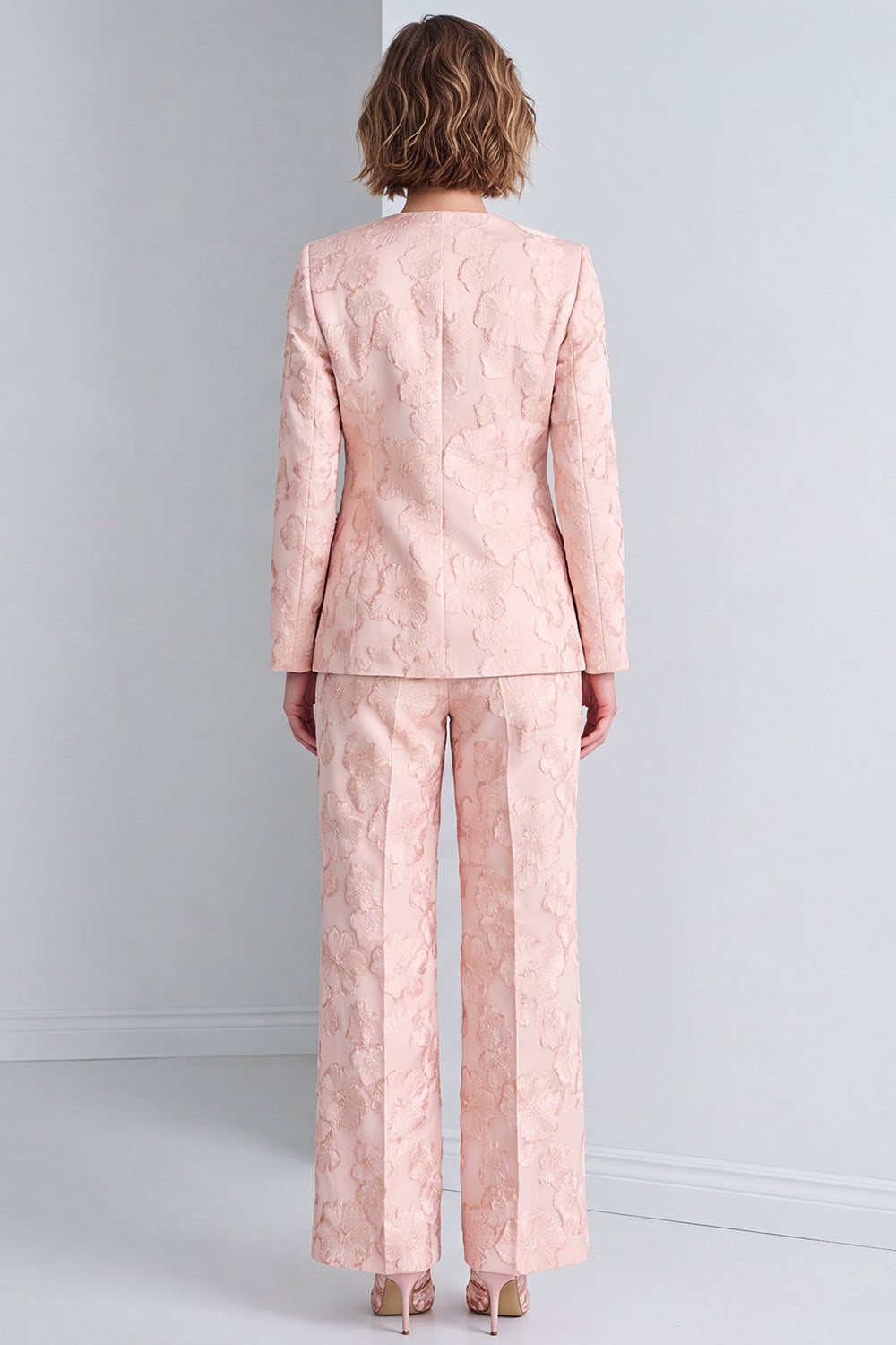 Floral 2 Piece Pink Jacquard Round Neck Prom Suits