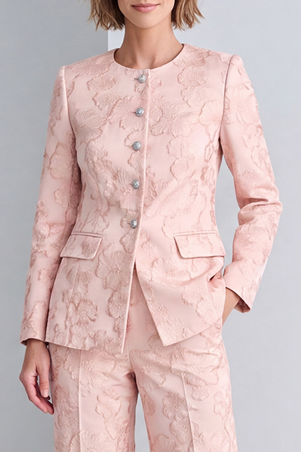 Floral 2 Piece Pink Jacquard Round Neck Prom Suits