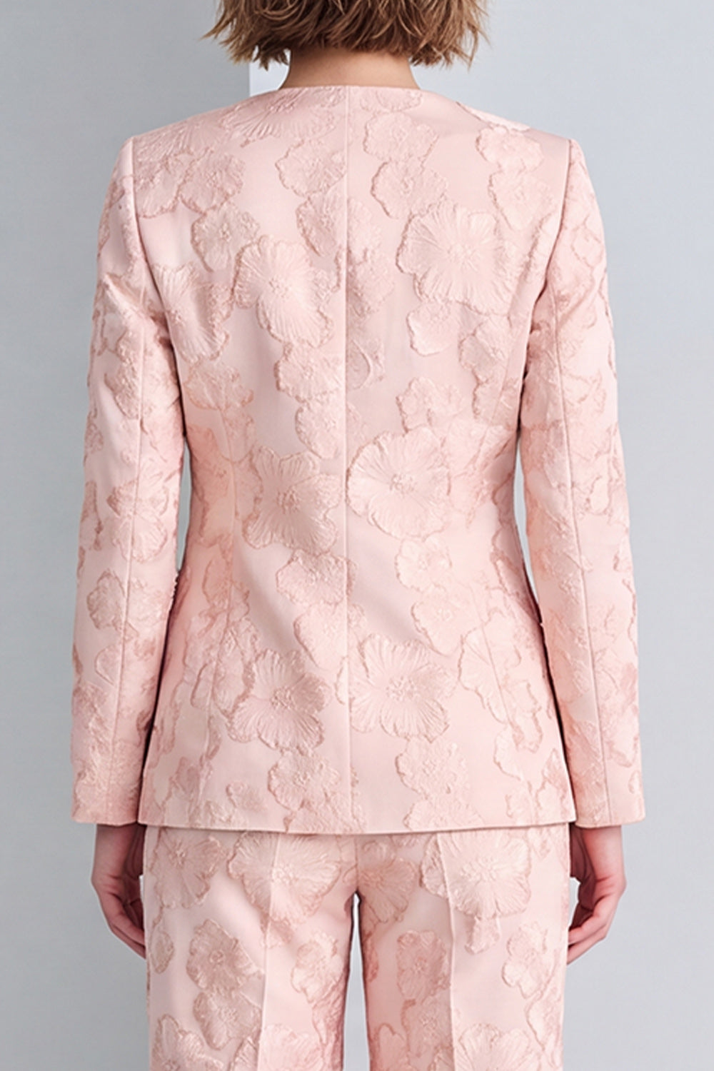 Floral 2 Piece Pink Jacquard Round Neck Prom Suits