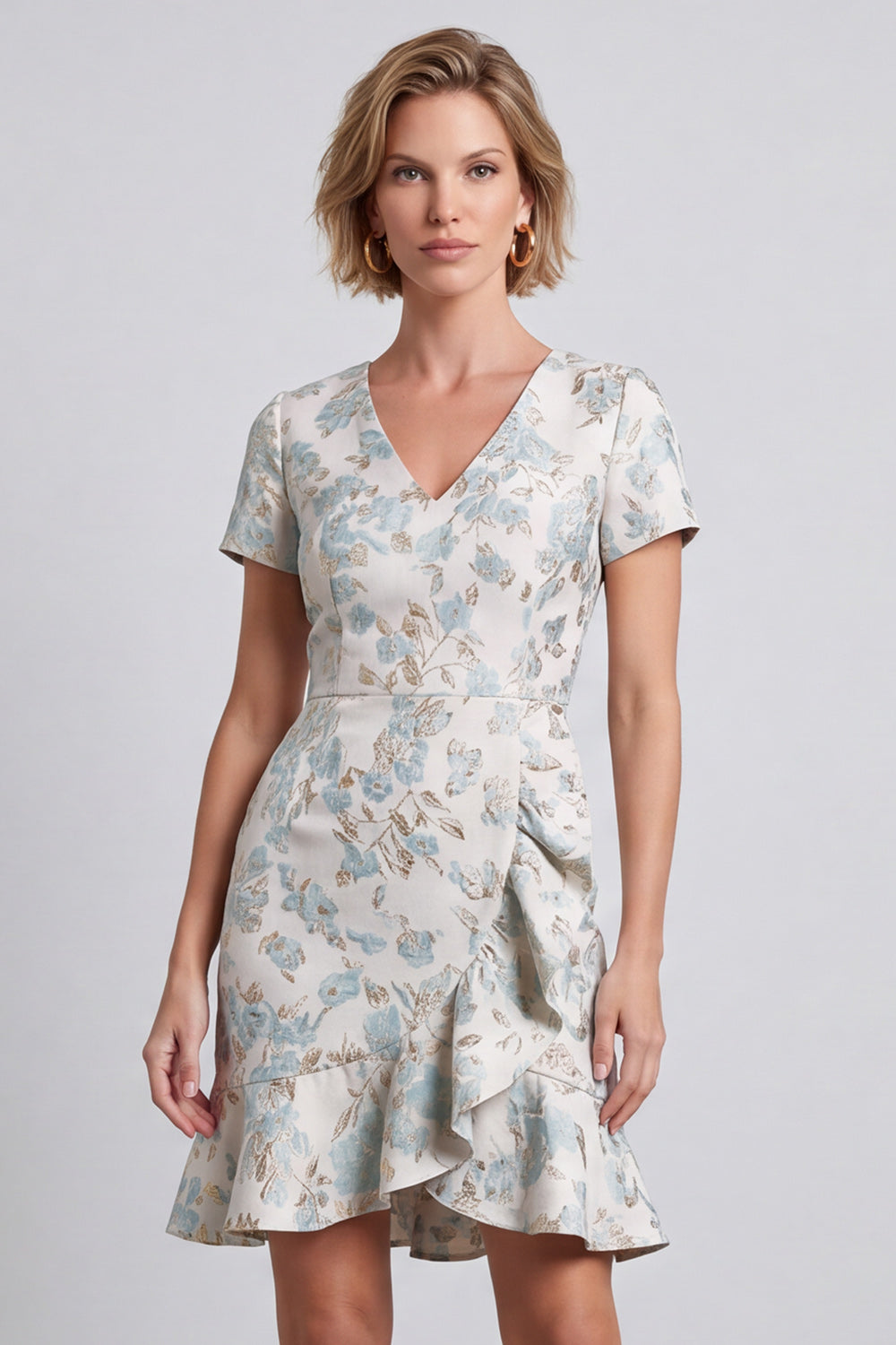 Short Light Blue Bodycon V-Neck Jacquard Work Dress with Ruffles