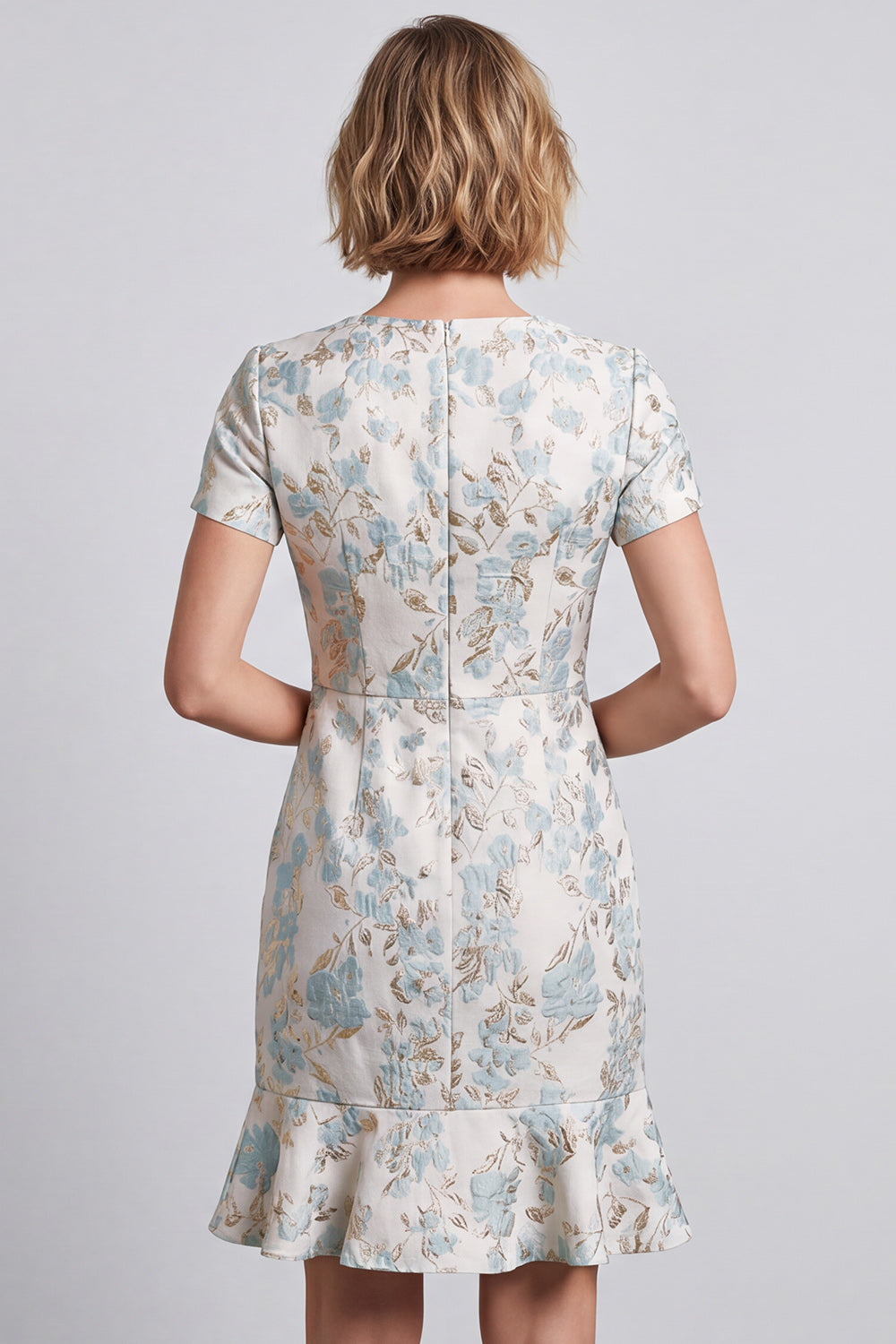 Short Light Blue Bodycon V-Neck Jacquard Work Dress with Ruffles