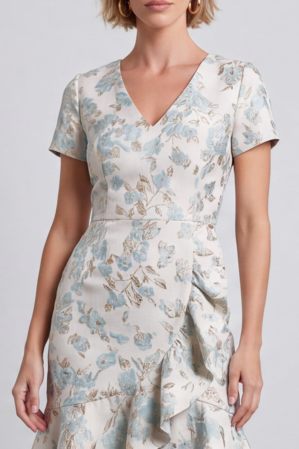 Short Light Blue Bodycon V-Neck Jacquard Work Dress with Ruffles
