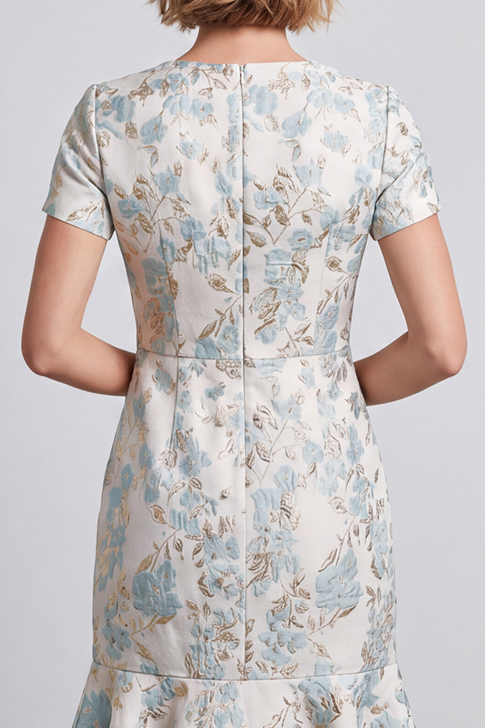 Short Light Blue Bodycon V-Neck Jacquard Work Dress with Ruffles