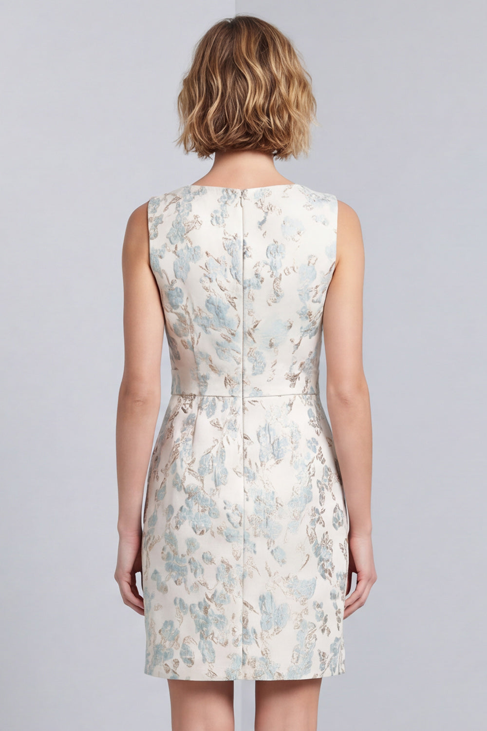 Jacquard Bodycon Light Blue V-Neck Short Work Dress with Covered Buttons