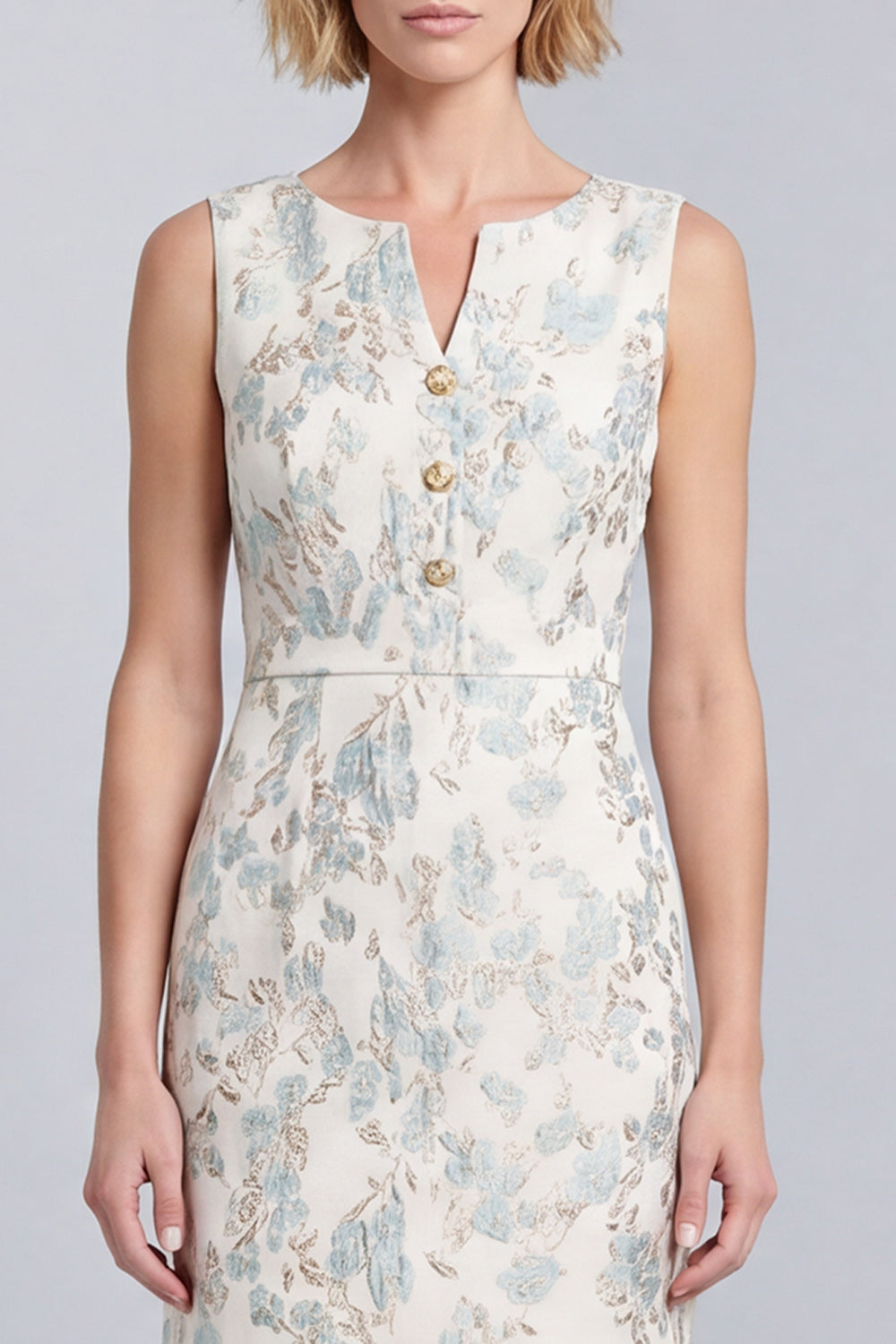 Jacquard Bodycon Light Blue V-Neck Short Work Dress with Covered Buttons