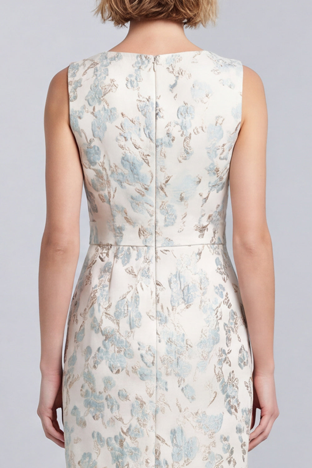 Jacquard Bodycon Light Blue V-Neck Short Work Dress with Covered Buttons