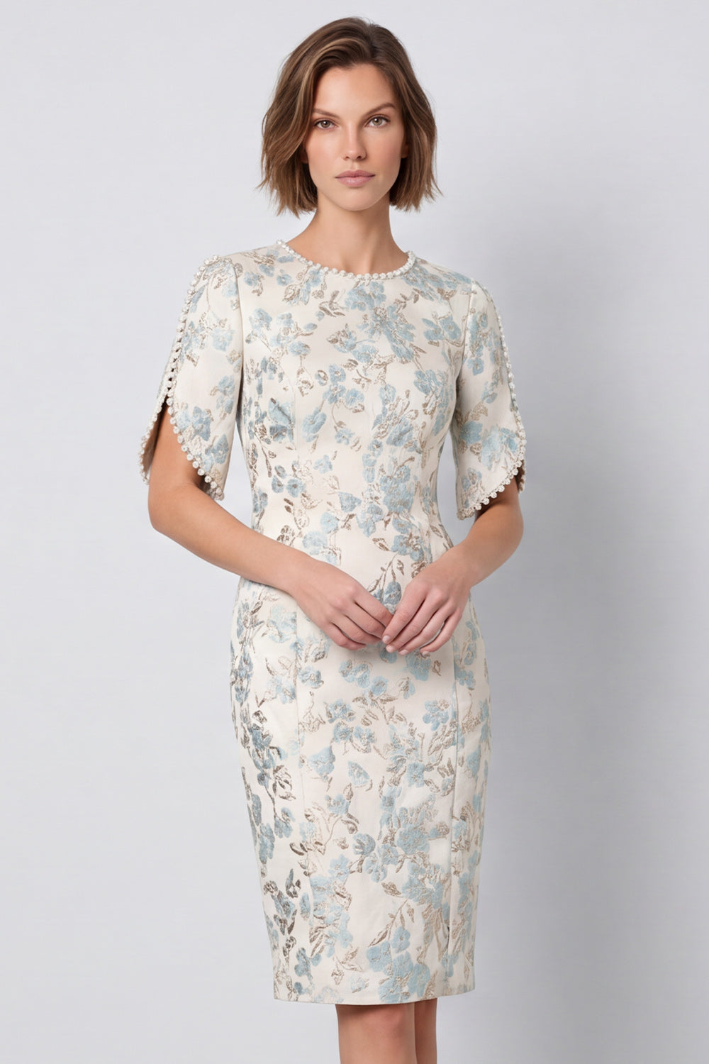Light Blue Round Neck Jacquard Bodycon Midi Work Dress with Sleeves