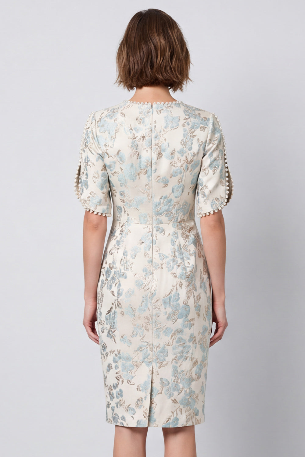 Light Blue Round Neck Jacquard Bodycon Midi Work Dress with Sleeves