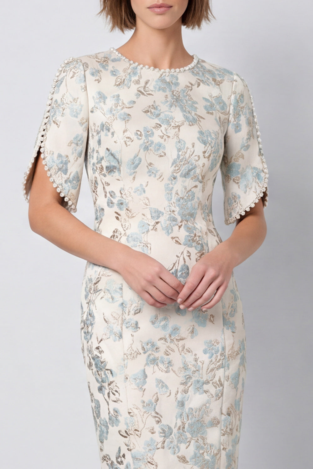 Light Blue Round Neck Jacquard Bodycon Midi Work Dress with Sleeves