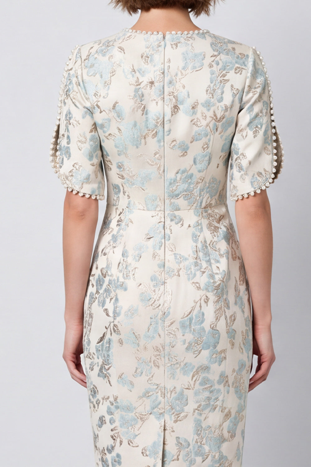Light Blue Round Neck Jacquard Bodycon Midi Work Dress with Sleeves