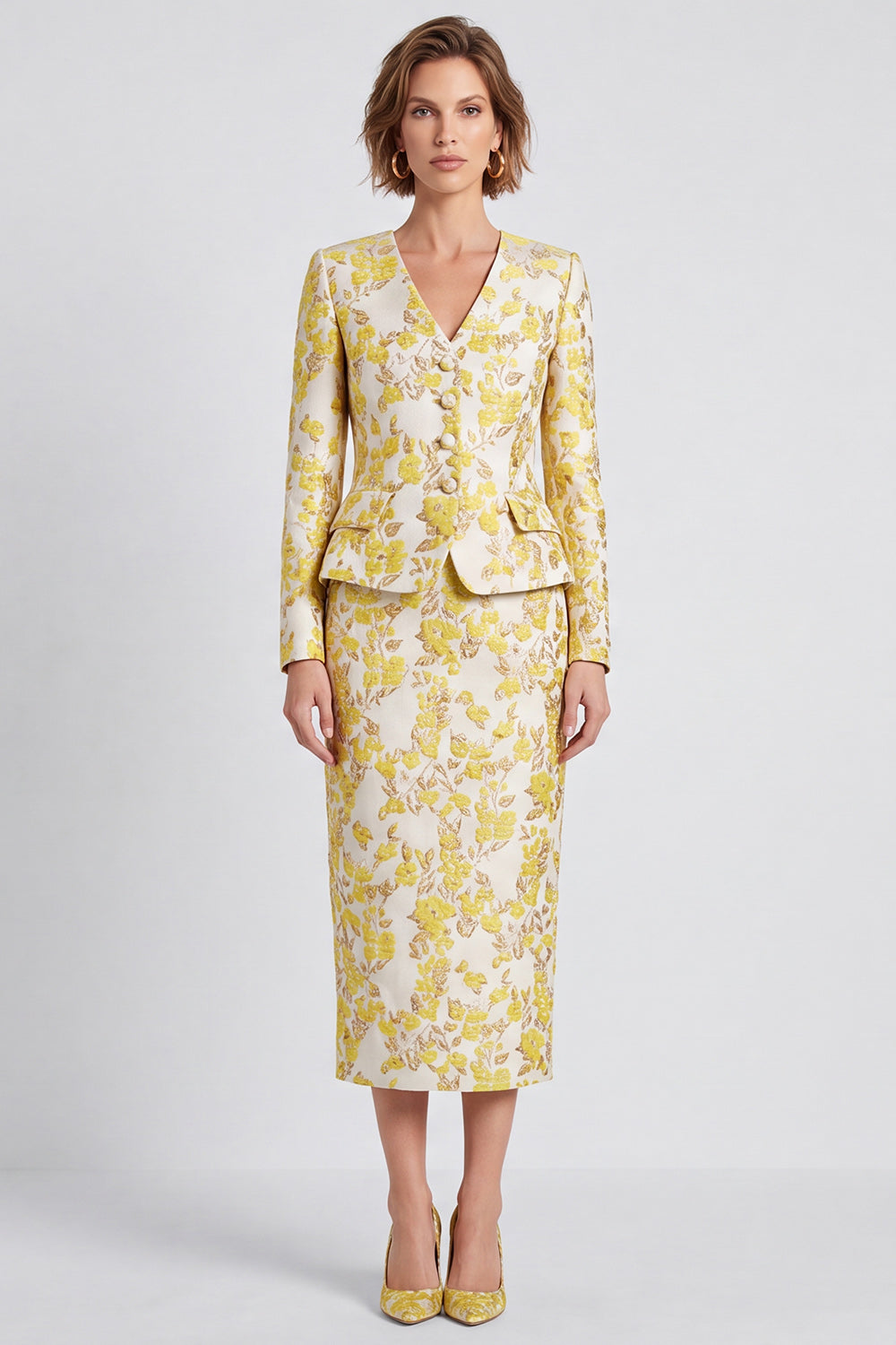 2 Piece V-Neck Light Yellow Jacquard Pencil Midi Women Suits