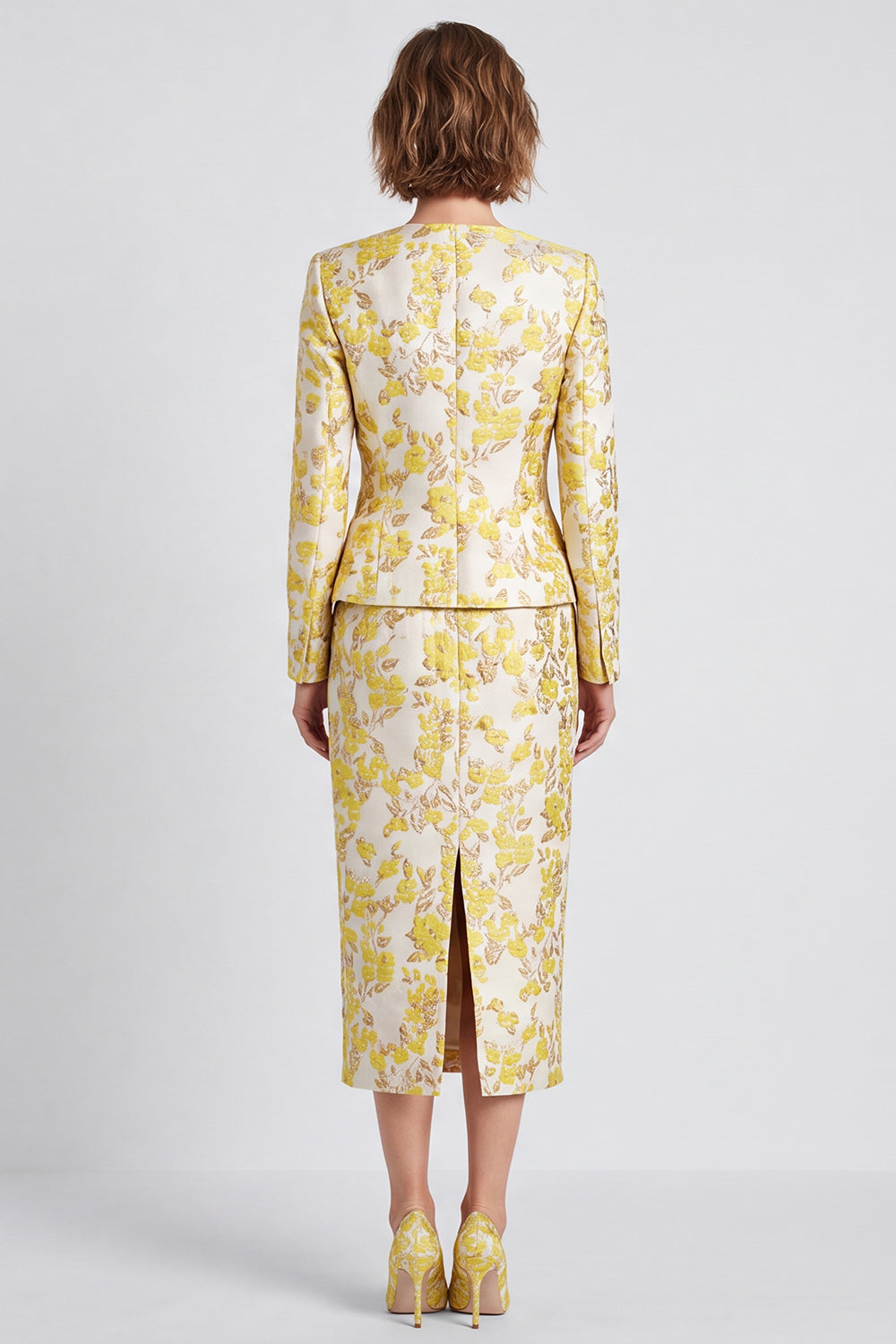 2 Piece V-Neck Light Yellow Jacquard Pencil Midi Women Suits