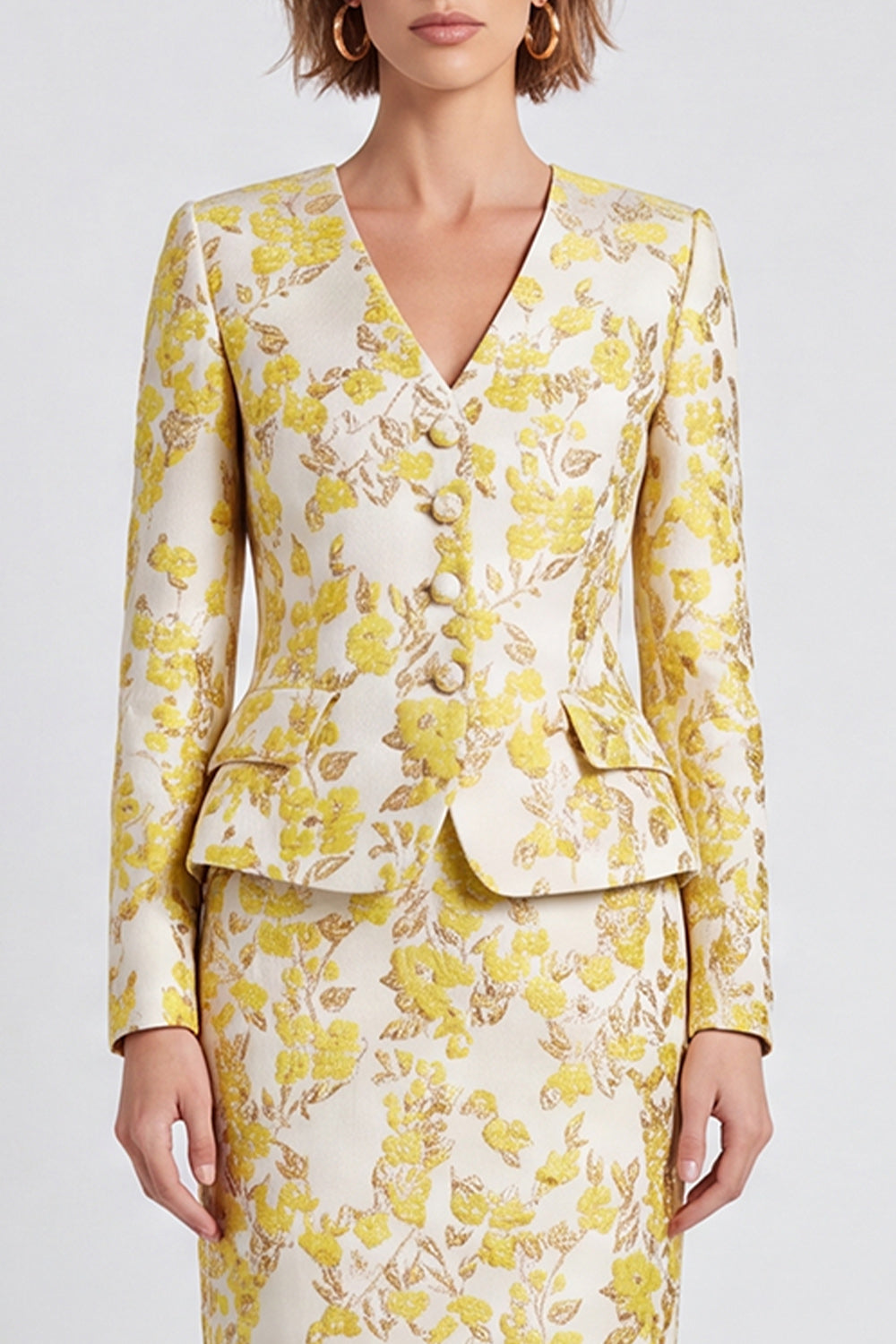 2 Piece V-Neck Light Yellow Jacquard Pencil Midi Women Suits