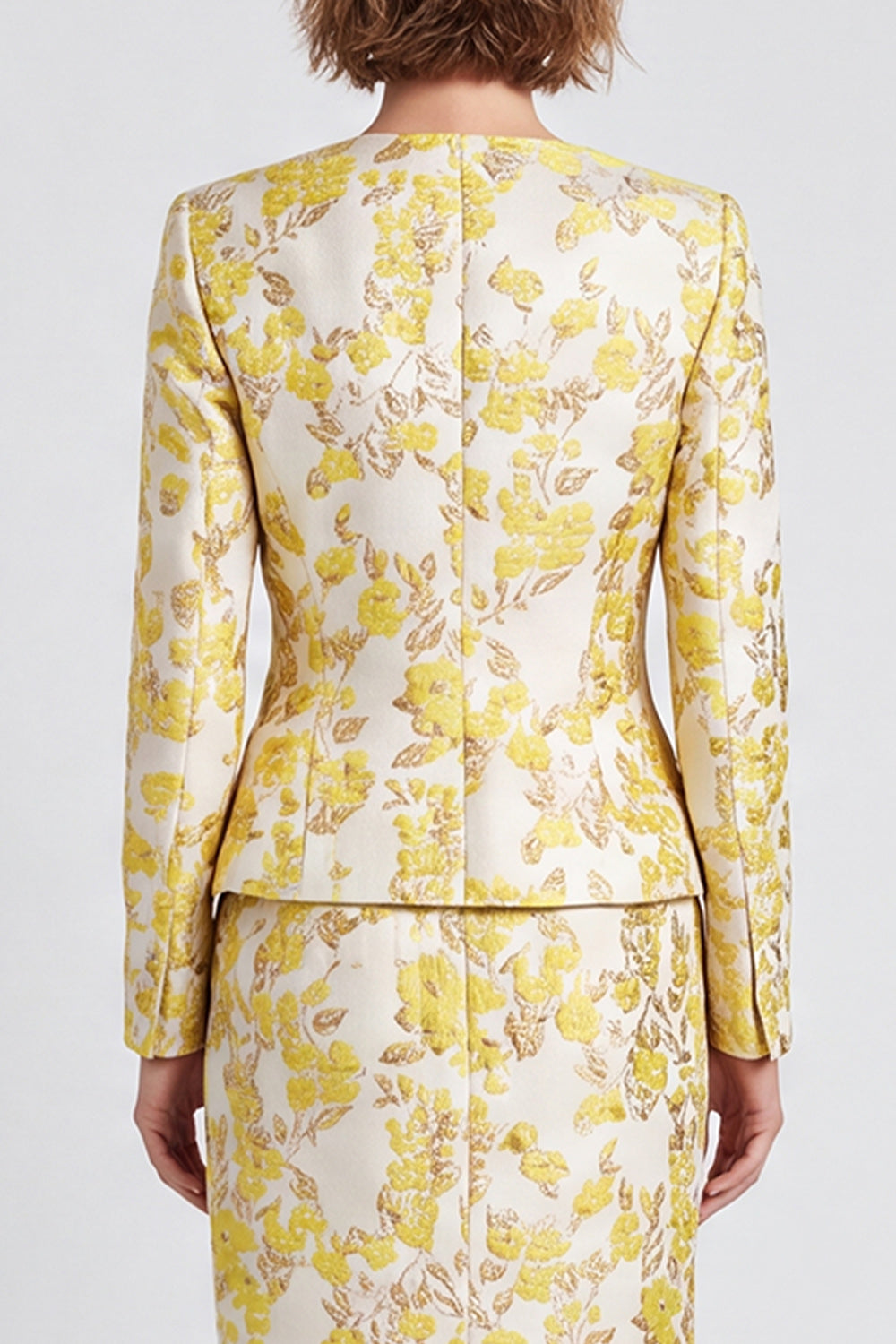2 Piece V-Neck Light Yellow Jacquard Pencil Midi Women Suits