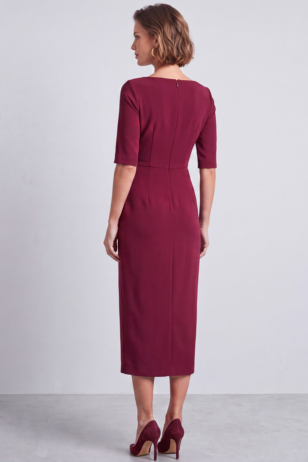 Navy Half Sleeves Square Neck Pencil Ruched Midi Work Dress with Slit