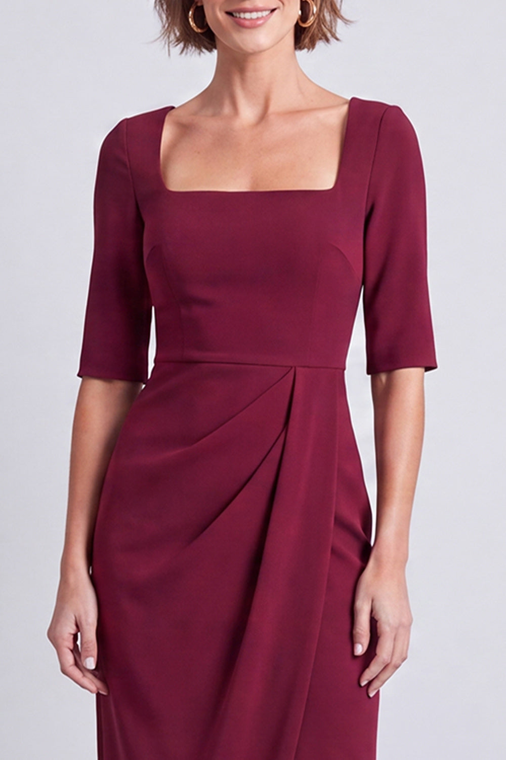 Navy Half Sleeves Square Neck Pencil Ruched Midi Work Dress with Slit