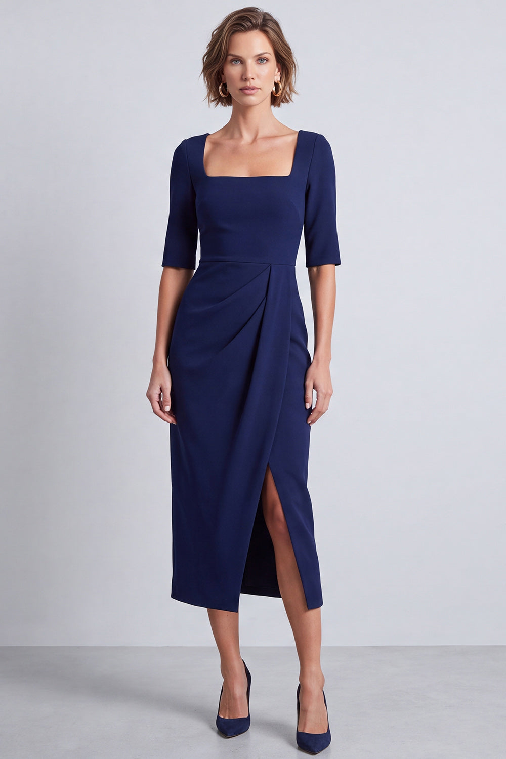 Navy Half Sleeves Square Neck Pencil Ruched Midi Work Dress with Slit