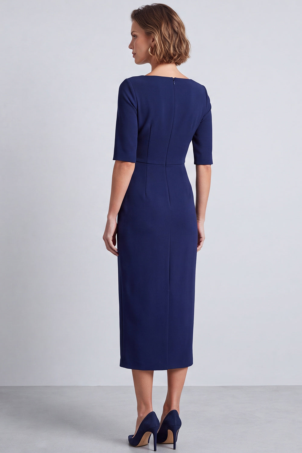 Navy Half Sleeves Square Neck Pencil Ruched Midi Work Dress with Slit