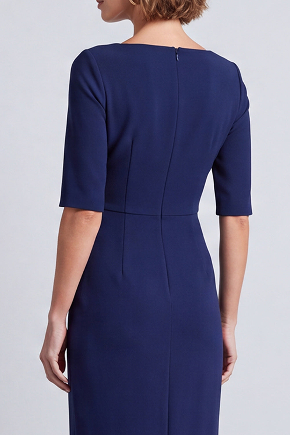 Navy Half Sleeves Square Neck Pencil Ruched Midi Work Dress with Slit