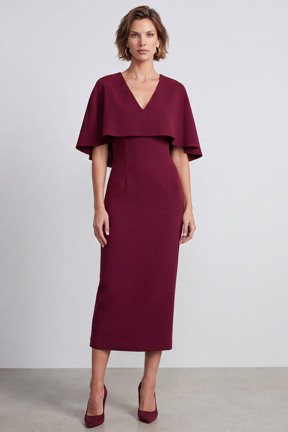 Burgundy Sheath Satin V-Neck Midi Work Dress with Cape