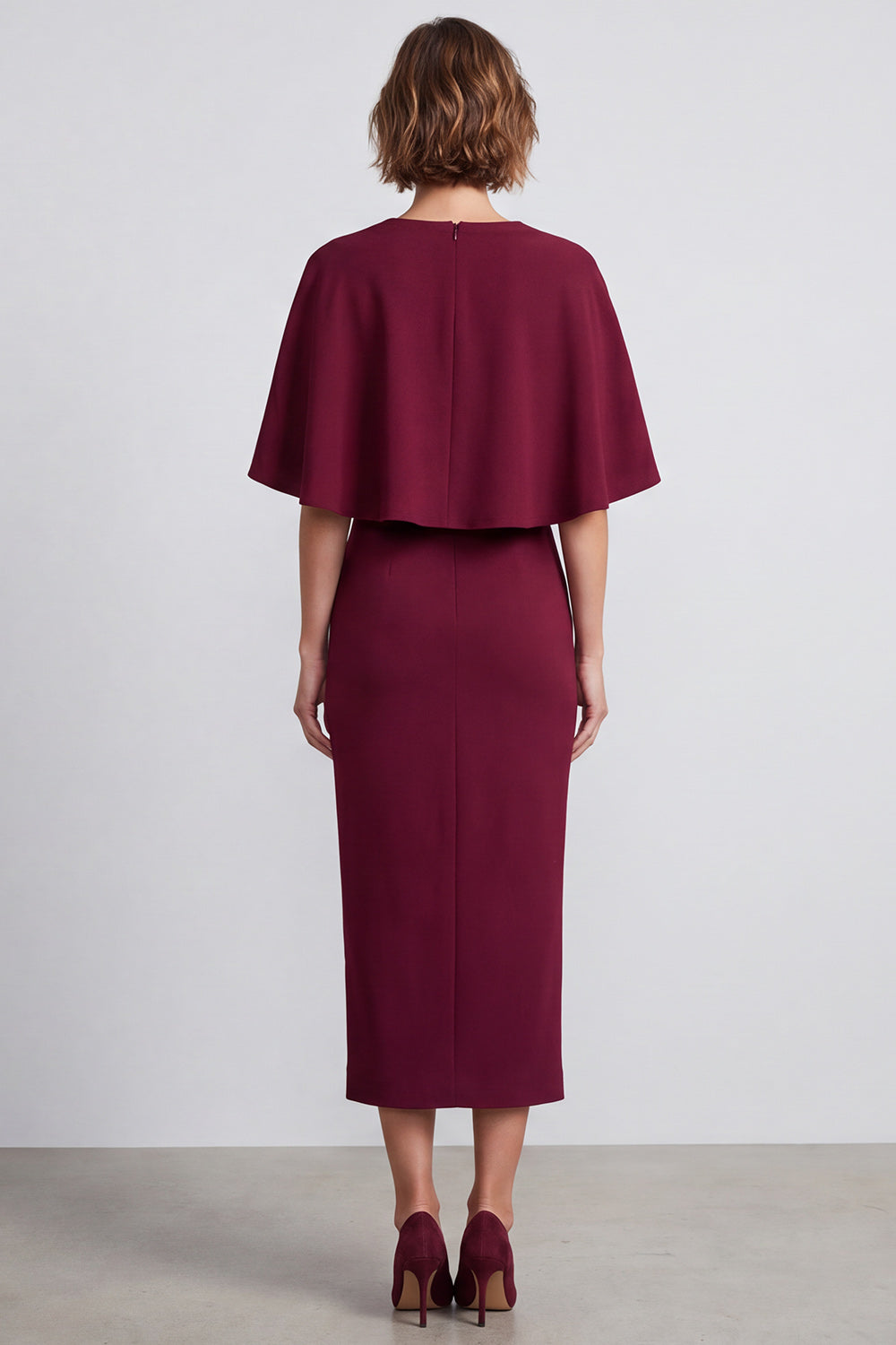 Burgundy Sheath Satin V-Neck Midi Work Dress with Cape
