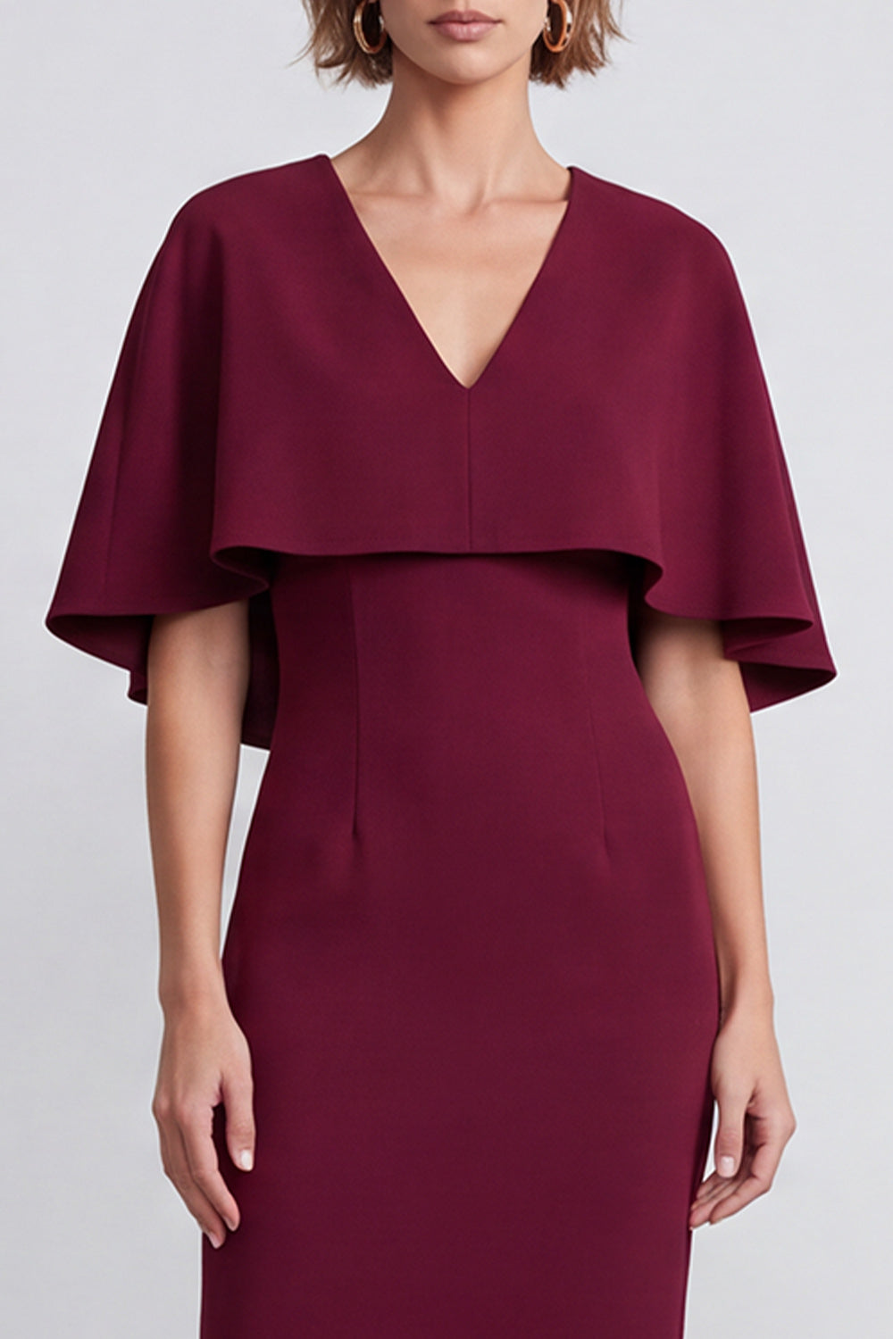 Burgundy Sheath Satin V-Neck Midi Work Dress with Cape