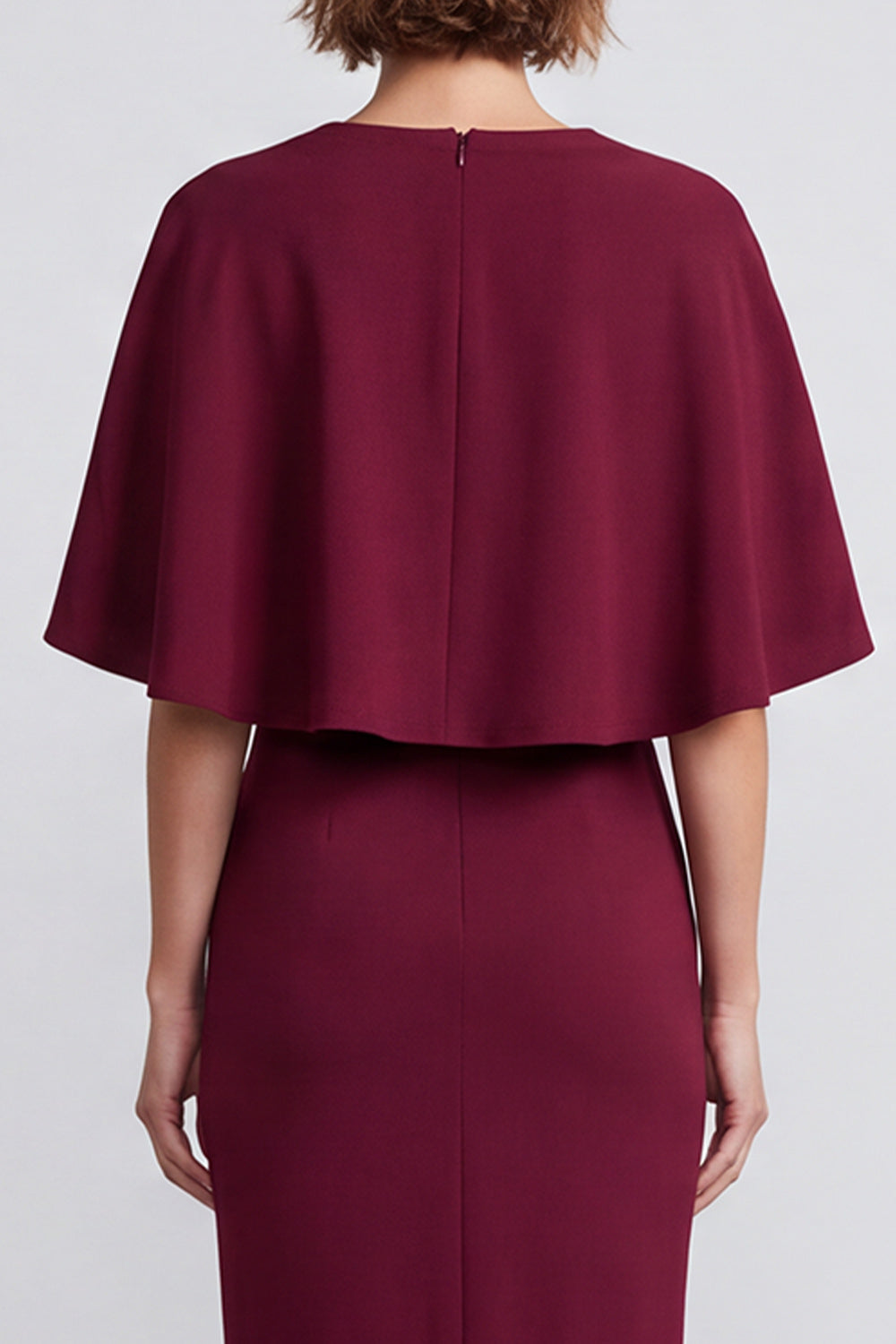 Burgundy Sheath Satin V-Neck Midi Work Dress with Cape