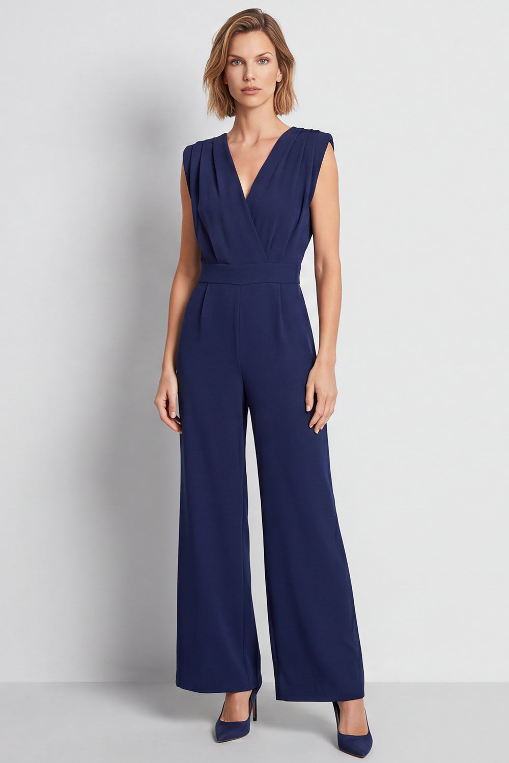 Navy Simple V-Neck Long Ruched Work Jumpsuits