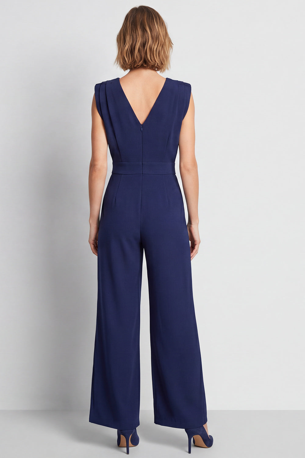 Navy Simple V-Neck Long Ruched Work Jumpsuits