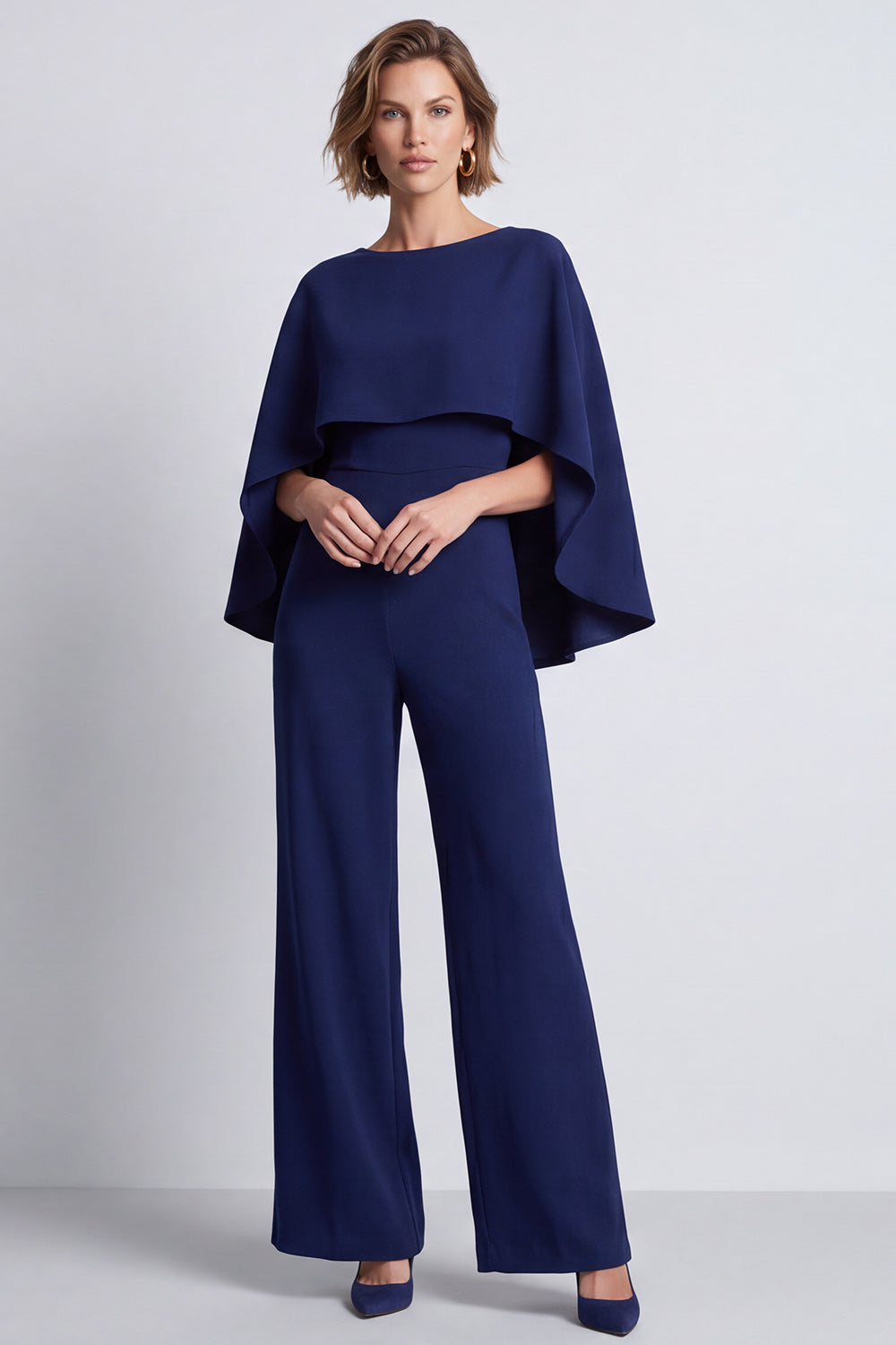 Simple Navy Long Boat Neck Work Jumpsuits with Cape