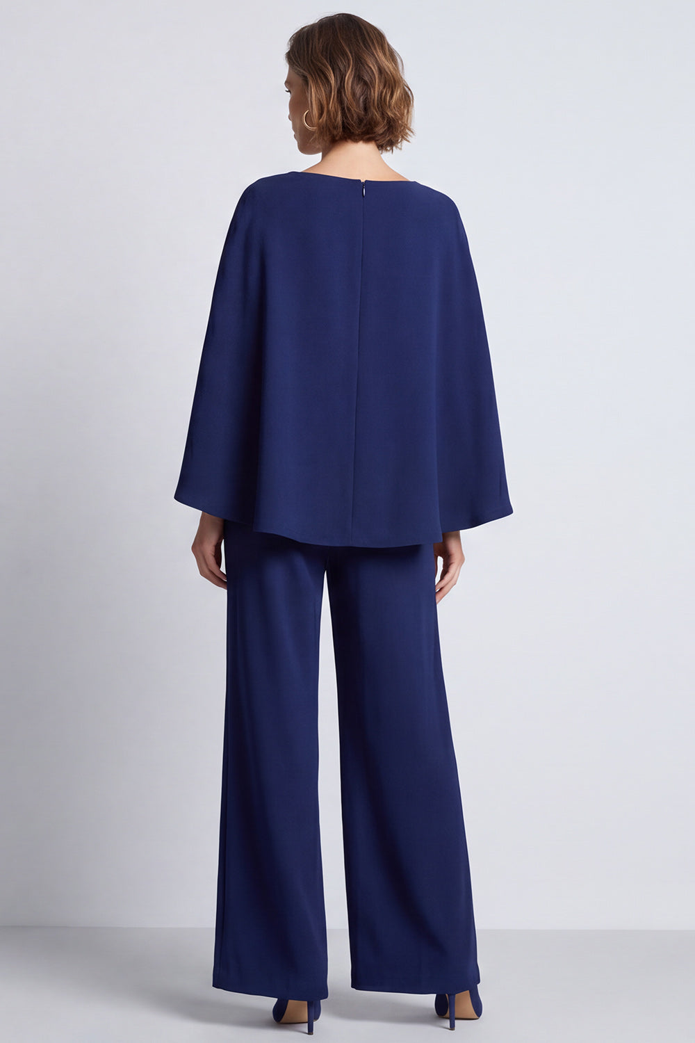 Simple Navy Long Boat Neck Work Jumpsuits with Cape