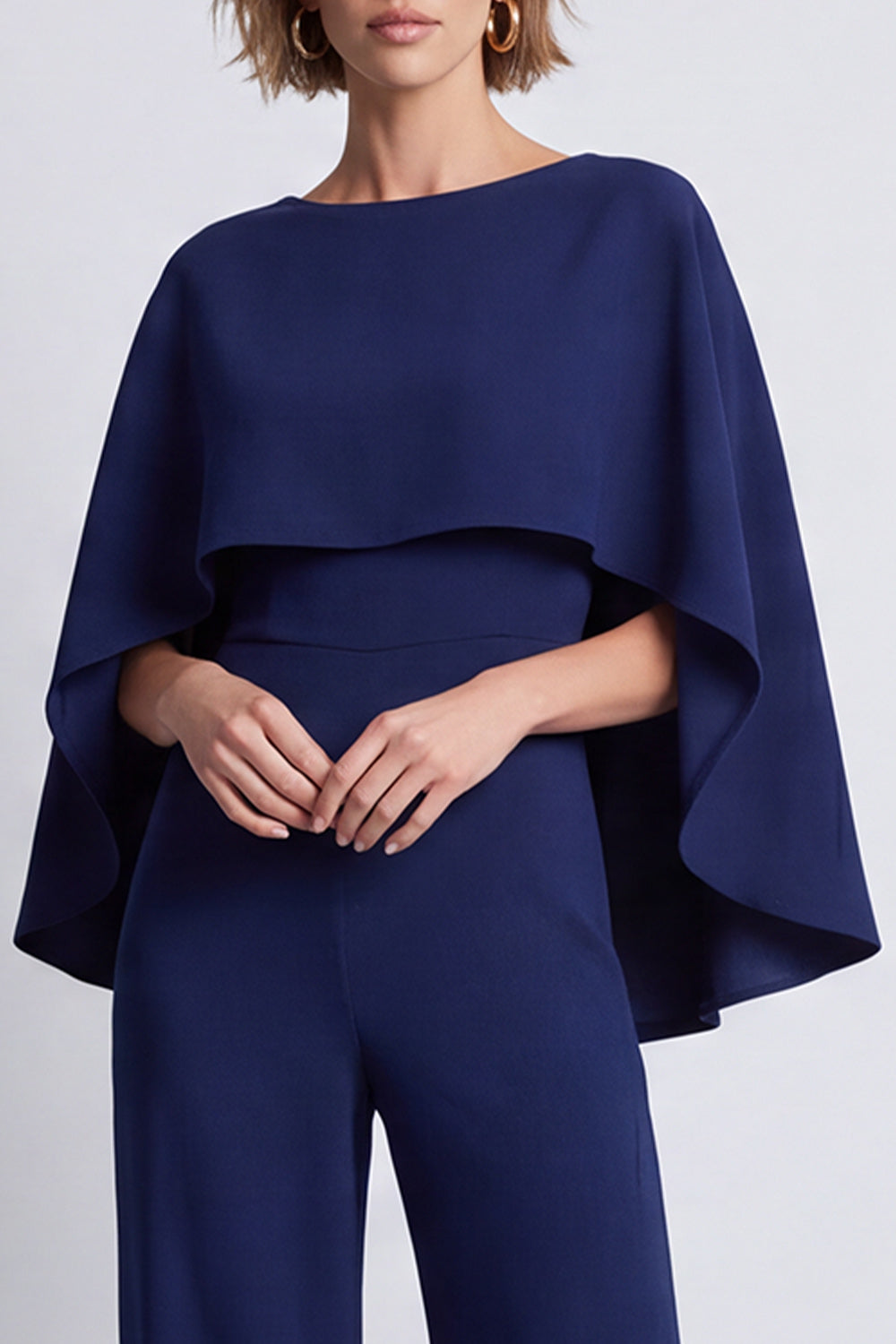 Simple Navy Long Boat Neck Work Jumpsuits with Cape