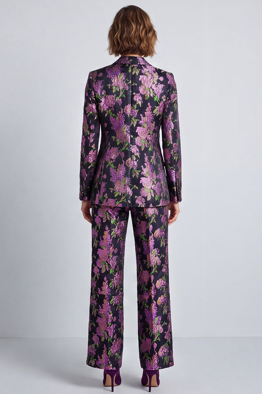 Notched Lapel Black Purple Flower Jacquard 2 Piece Prom Suits