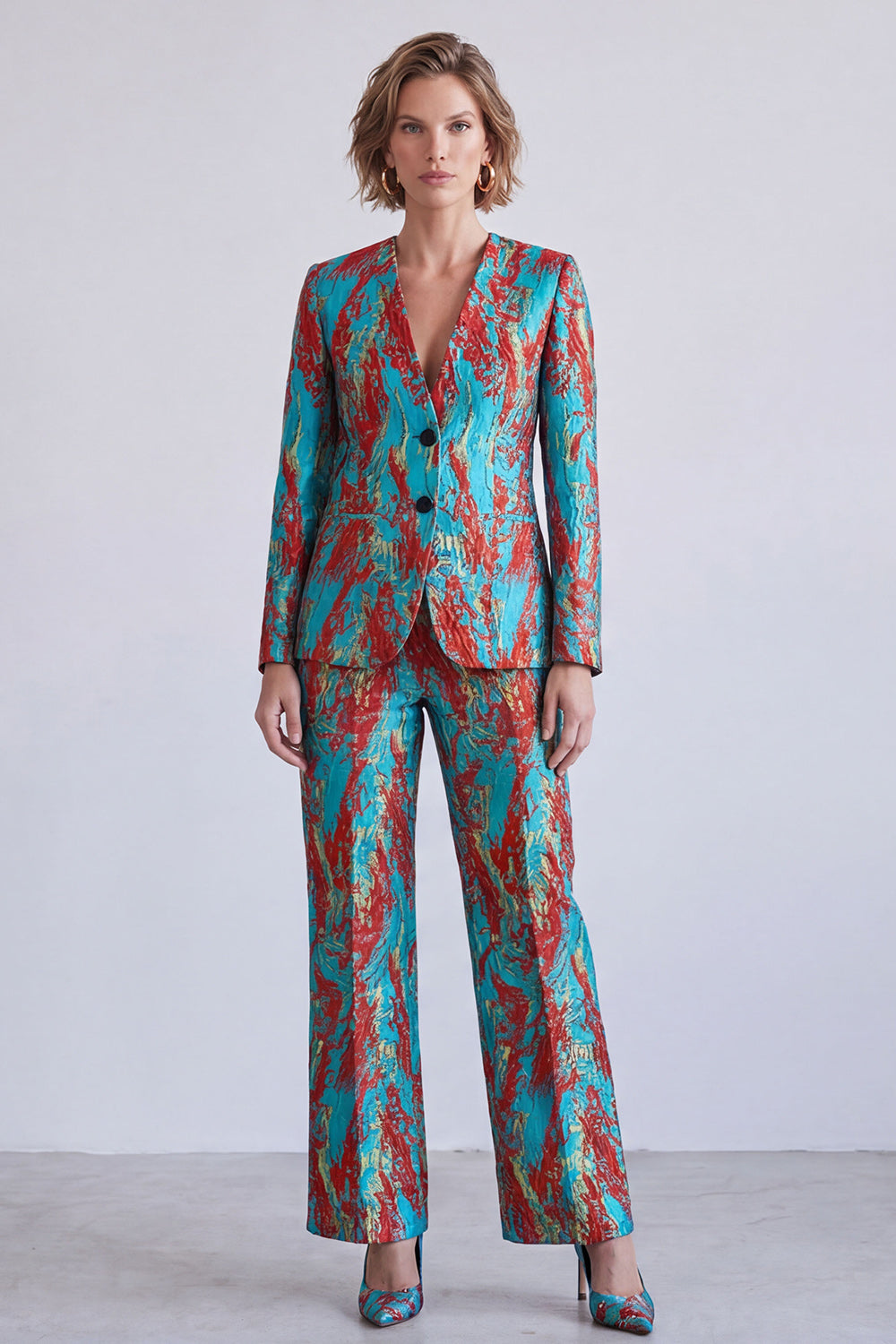 Printed Yellow and Purple V-Neck Single Breasted Two Piece Prom Suits