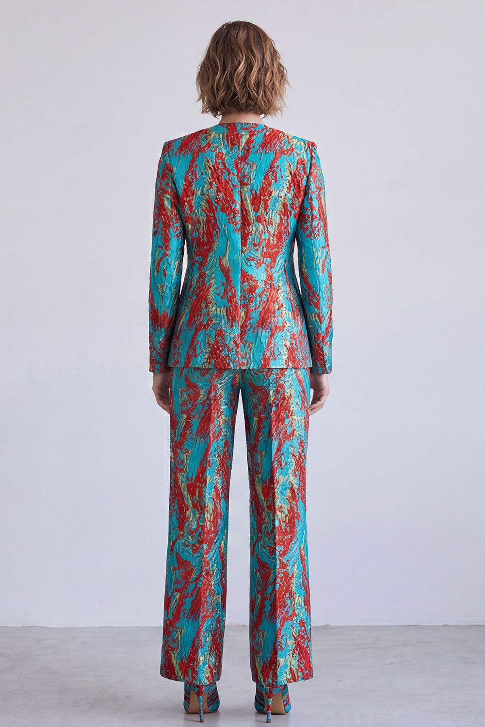Printed Yellow and Purple V-Neck Single Breasted Two Piece Prom Suits