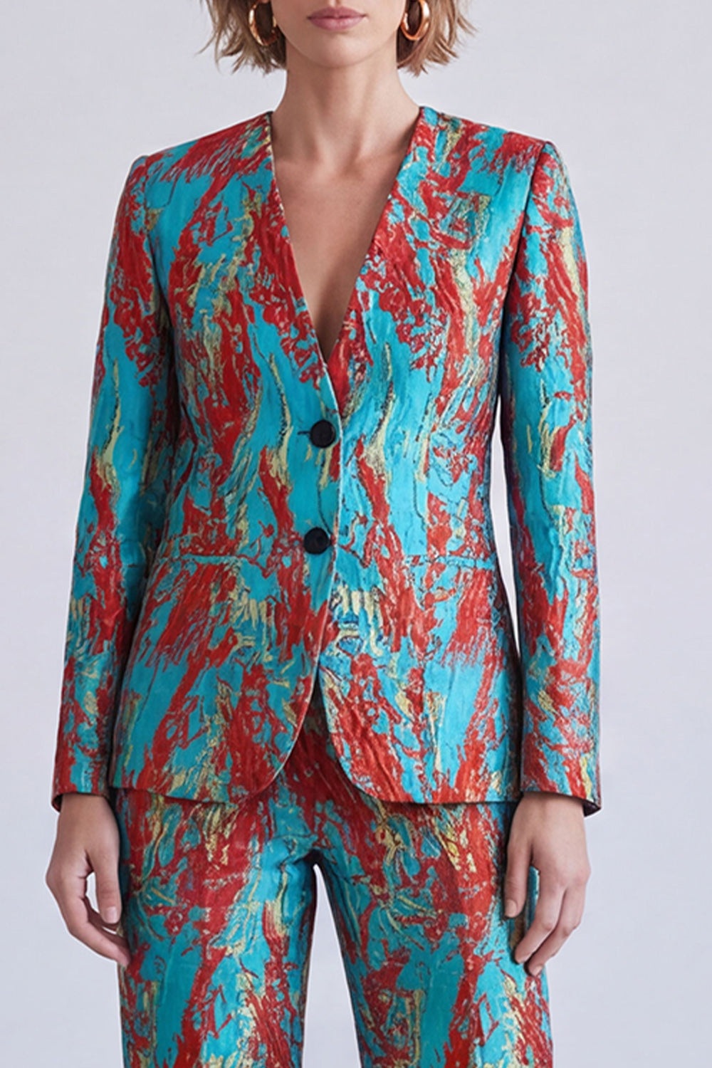 Printed Yellow and Purple V-Neck Single Breasted Two Piece Prom Suits